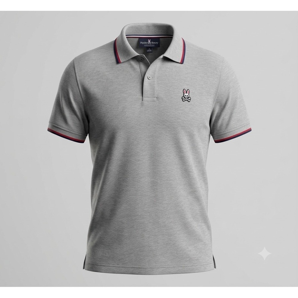Psycho Bunny Men's Gray w Blue & Red Short Sleeve Polo Golf Shirt. Size S